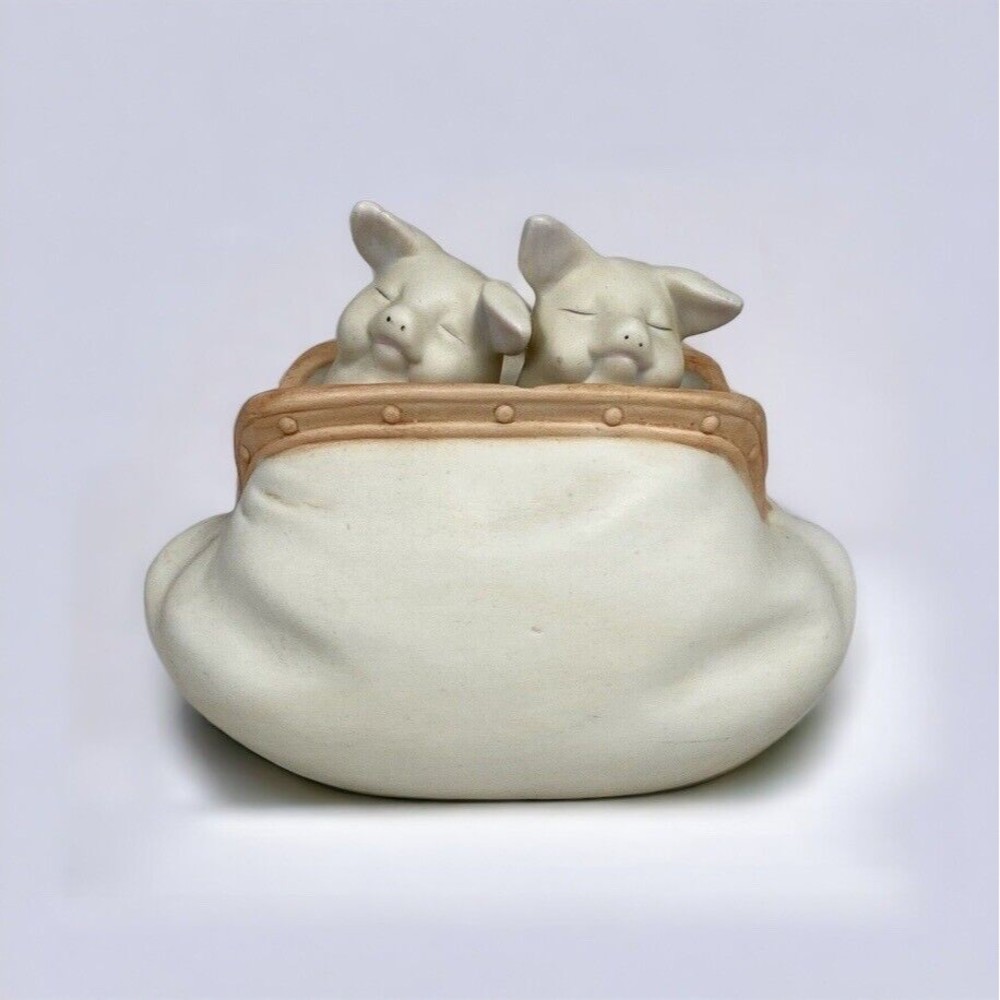 Vtg R.O.C. 2 Pigs in a Coin Purse Bisque Piglet Farmhouse Home Decor - Rare Find
